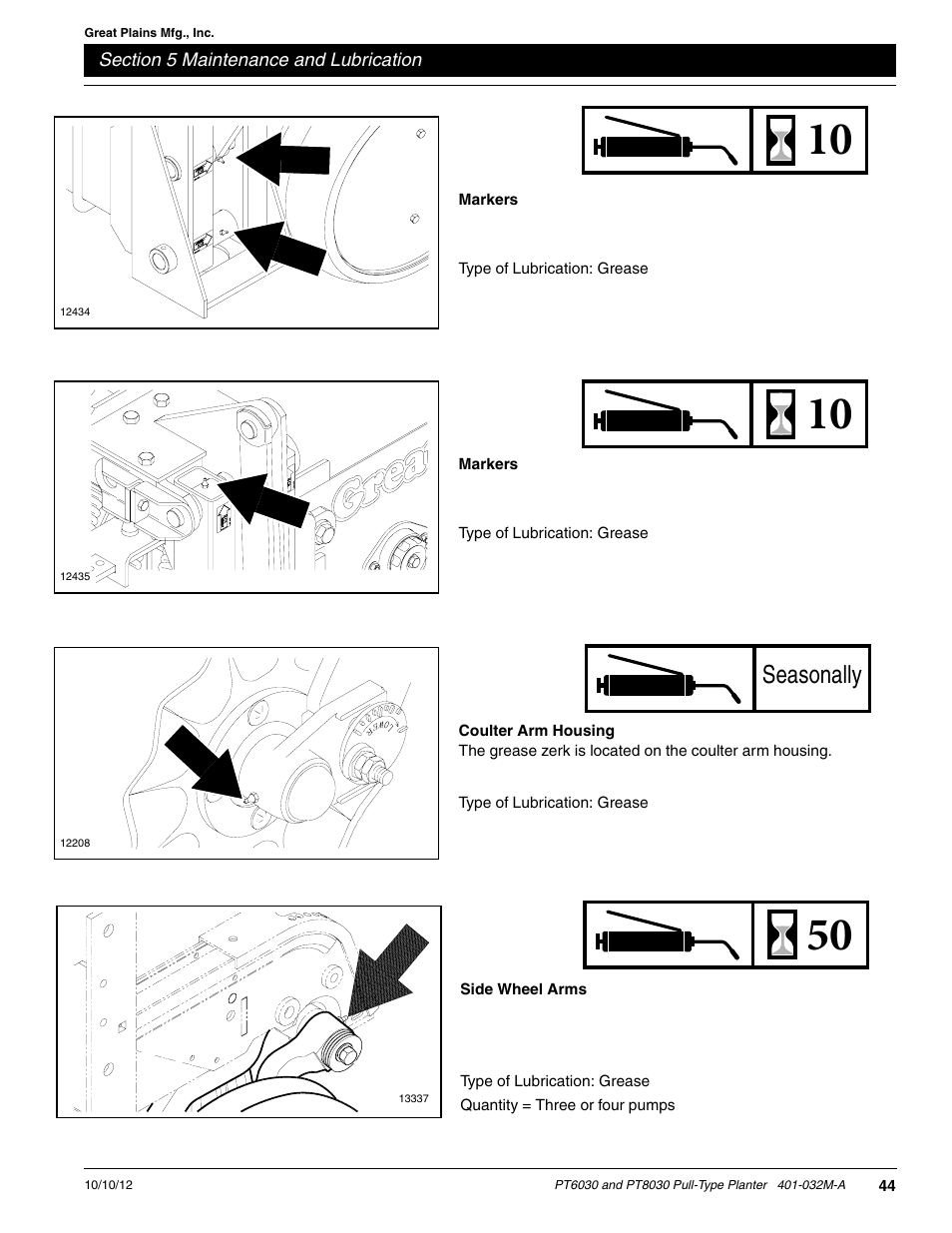 Side wheel arms, Markers, Coulter arm housing | Seasonally | Great Plains PT8030 V1013 Operator Manual User Manual | Page 46 / 56