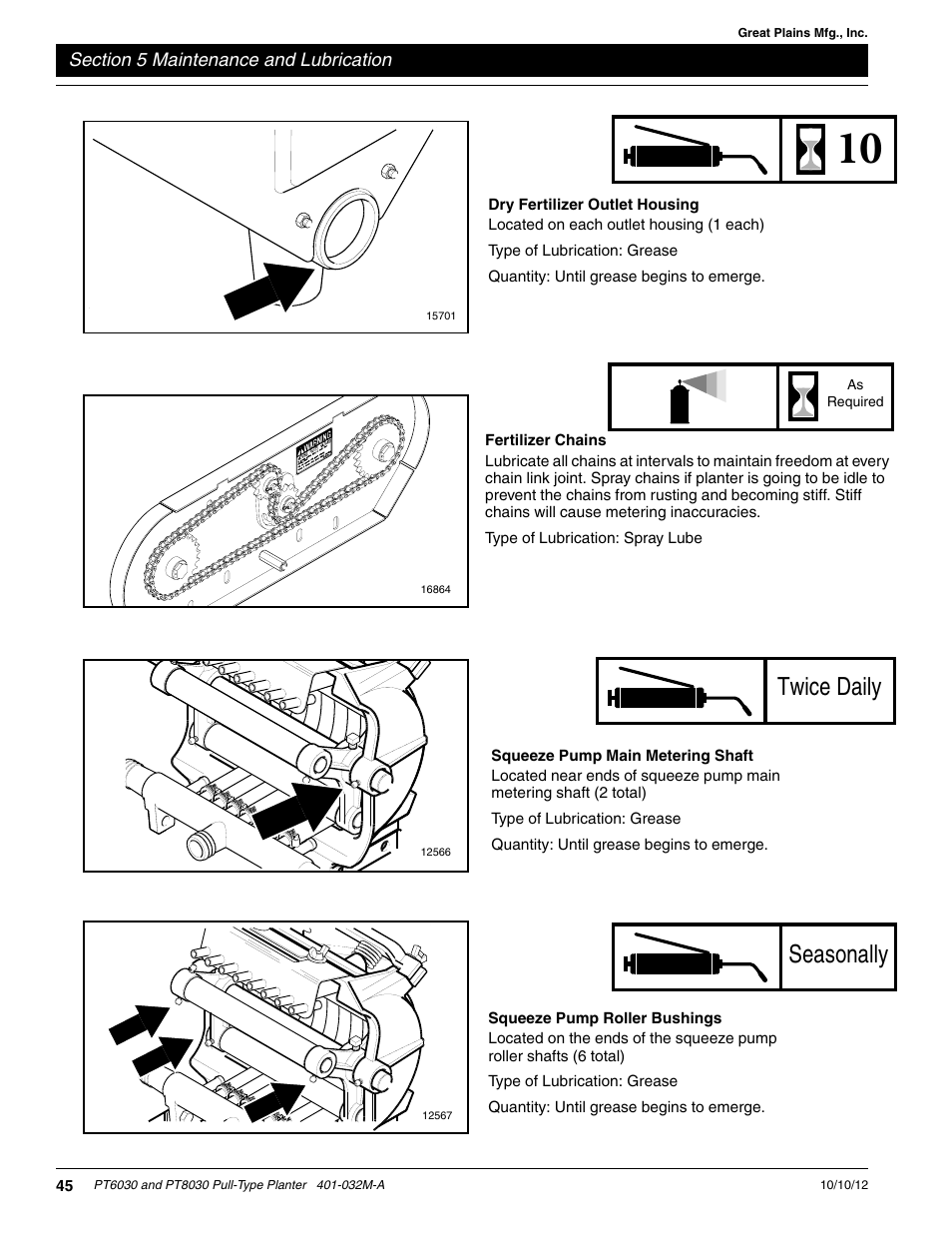 Dry fertilizer outlet housing, Fertilizer chains, Squeeze pump roller bushings | Squeeze pump main metering shaft, Seasonally, Twice daily | Great Plains PT8030 V1013 Operator Manual User Manual | Page 47 / 56