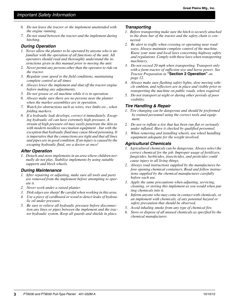During operation, After operation, During maintenance | Transporting, Tire handling & repair, Agricultural chemicals | Great Plains PT8030 V1013 Operator Manual User Manual | Page 5 / 56
