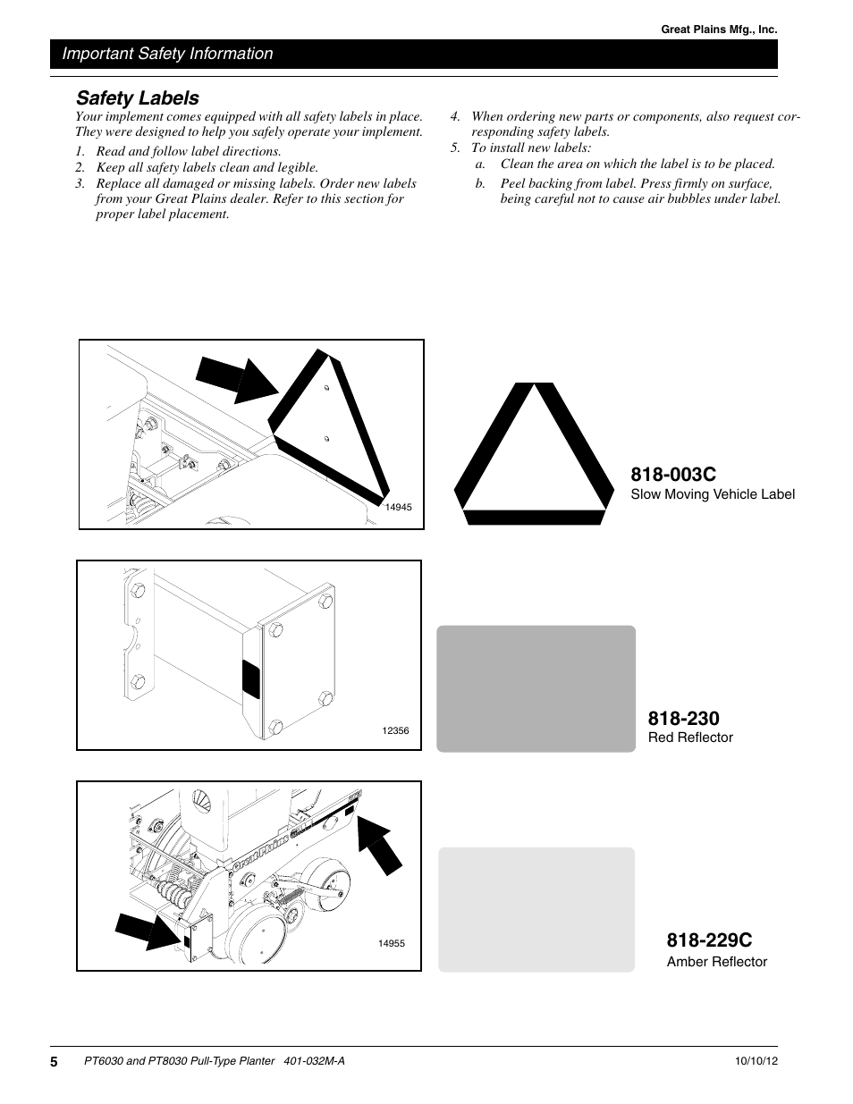 Safety labels, 229c, 003c | Great Plains PT8030 V1013 Operator Manual User Manual | Page 7 / 56