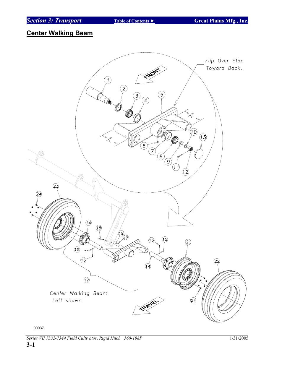 Section 3: transport, Center walking beam, Section 3 transport -1 | Center walking beam -1 | Great Plains 7344 Series VII Field Cultivator-Rigid Hitch Parts Manual User Manual | Page 18 / 50