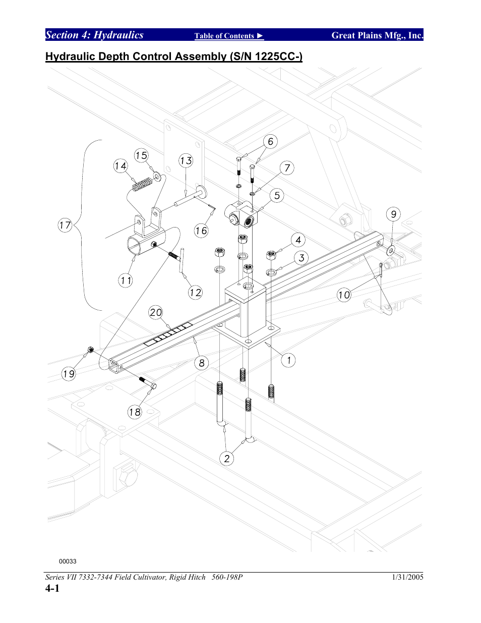 Section 4: hydraulics, Hydraulic depth control (s/n 1225cc-), Section 4 hydraulics -1 | Hydraulic depth control assembly (s/n 1225cc-) -1 | Great Plains 7344 Series VII Field Cultivator-Rigid Hitch Parts Manual User Manual | Page 24 / 50