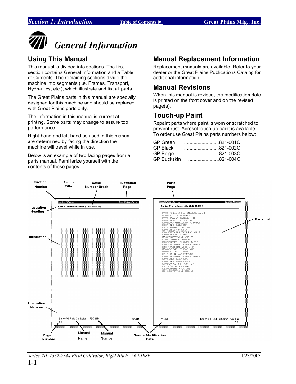 Section 1: introduction, General information, Using this manual | Manual replacement information, Manual revisions, Touch-up paint, Section 1 introduction -1 | Great Plains 7344 Series VII Field Cultivator-Rigid Hitch Parts Manual User Manual | Page 4 / 50