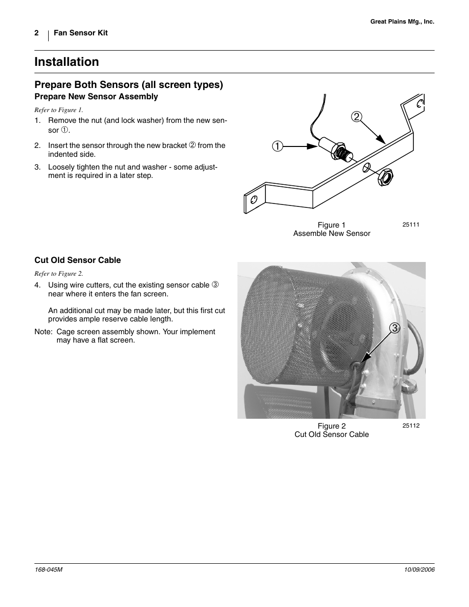 Installation, Prepare both sensors (all screen types), Figure 1 assemble new sensor | Figure 2 cut old sensor cable | Great Plains YP1625 Installation Instructions User Manual | Page 2 / 5