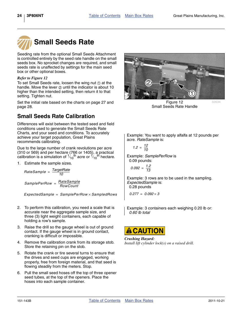 Small seeds rate, Small seeds rate calibration, Small seeds rate small seeds rate calibration | Great Plains 3P806NT Material Rate User Manual | Page 26 / 48