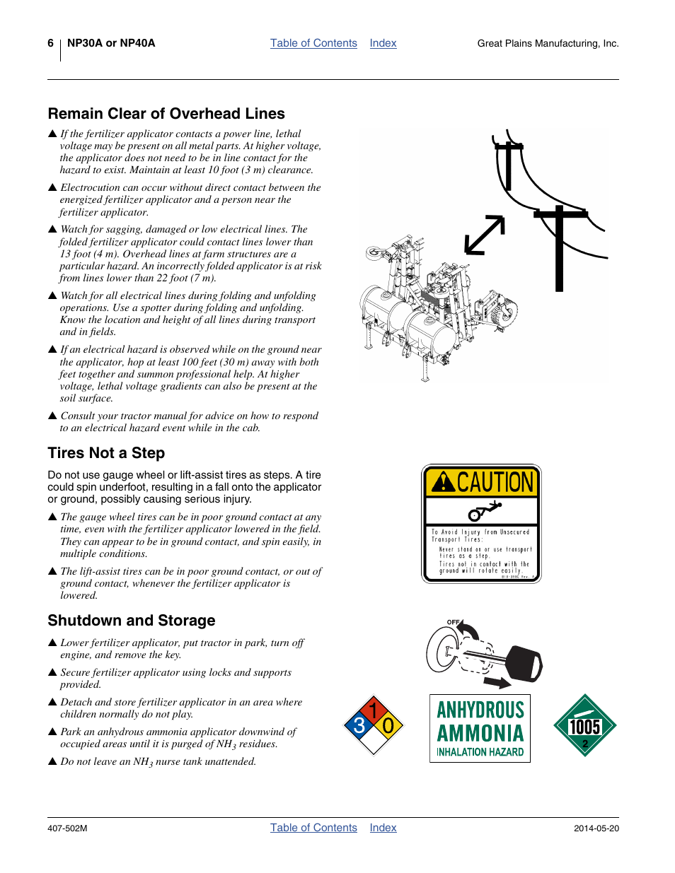 Remain clear of overhead lines, Tires not a step, Shutdown and storage | Great Plains NP30A 30-foot Operator Manual User Manual | Page 10 / 170