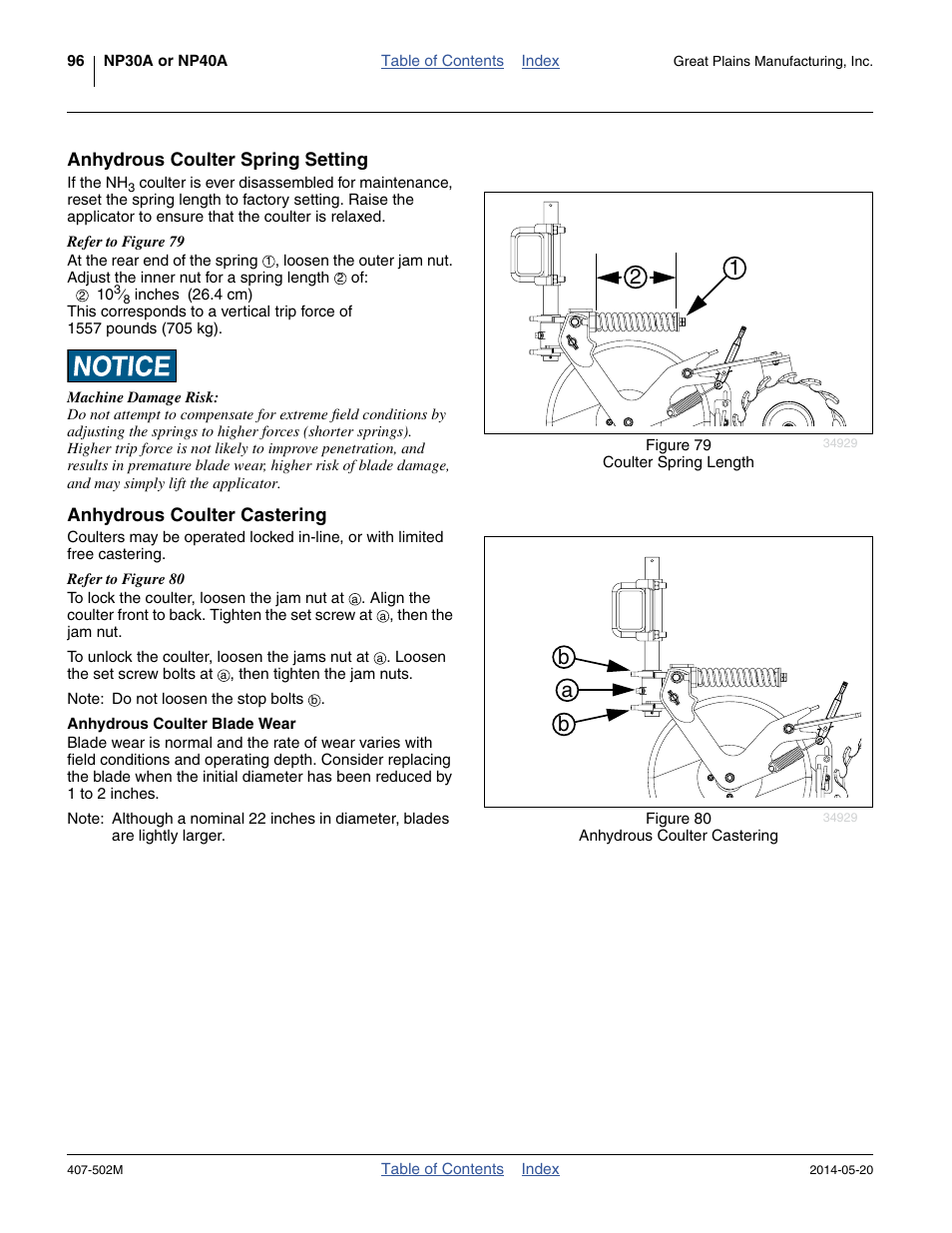 Anhydrous coulter spring setting, Anhydrous coulter castering, Anhydrous coulter blade wear | Great Plains NP30A 30-foot Operator Manual User Manual | Page 100 / 170