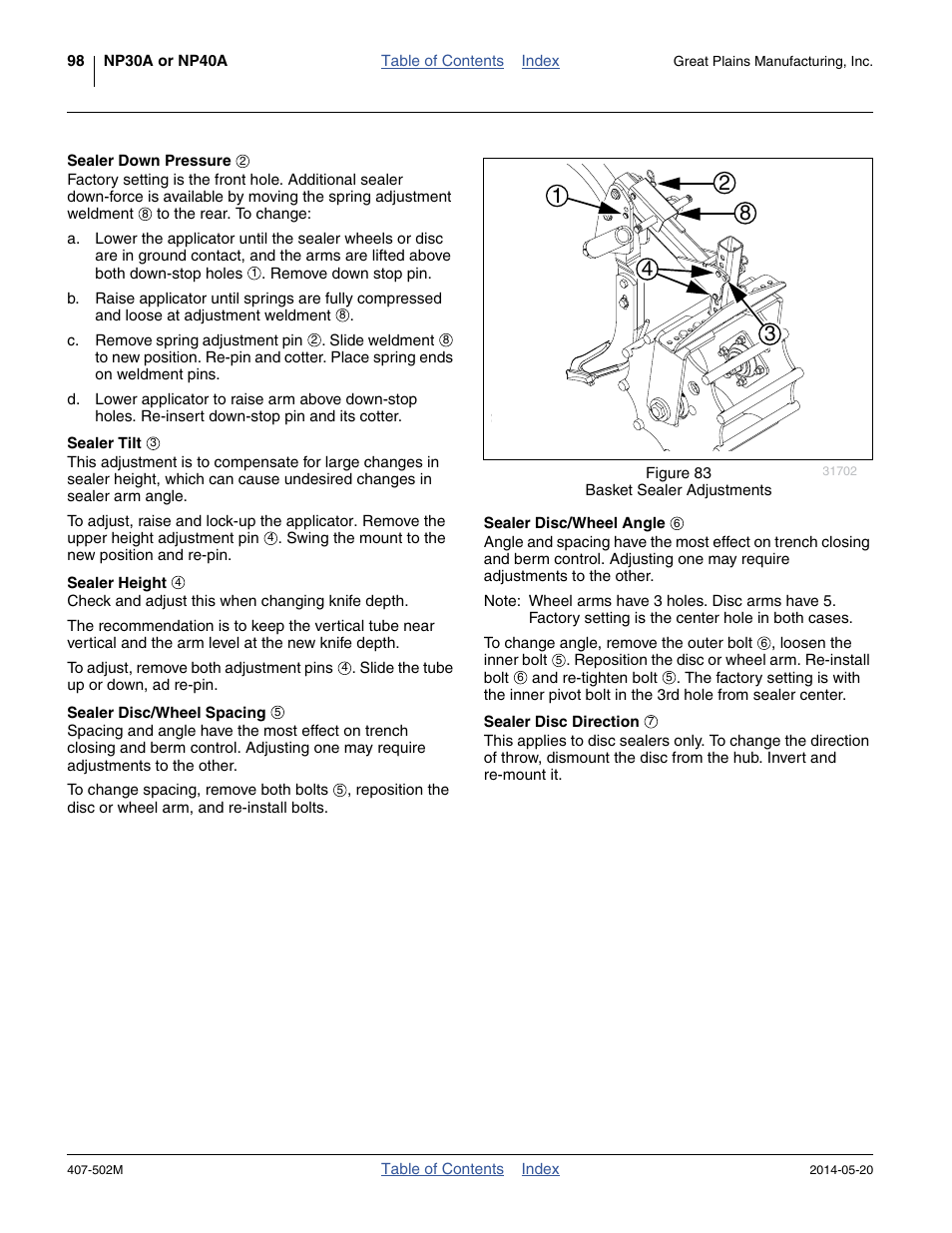 Sealer down pressure, Sealer tilt, Sealer height | Sealer disc/wheel spacing, Sealer disc/wheel angle, Sealer disc direction, Figure 83 | Great Plains NP30A 30-foot Operator Manual User Manual | Page 102 / 170