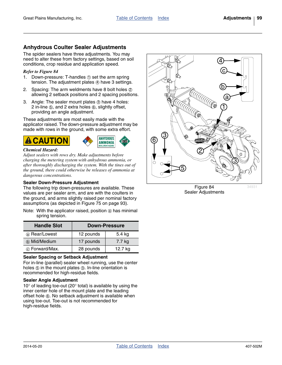 Anhydrous coulter sealer adjustments, Sealer down-pressure adjustment, Sealer spacing or setback adjustment | Sealer angle adjustment | Great Plains NP30A 30-foot Operator Manual User Manual | Page 103 / 170