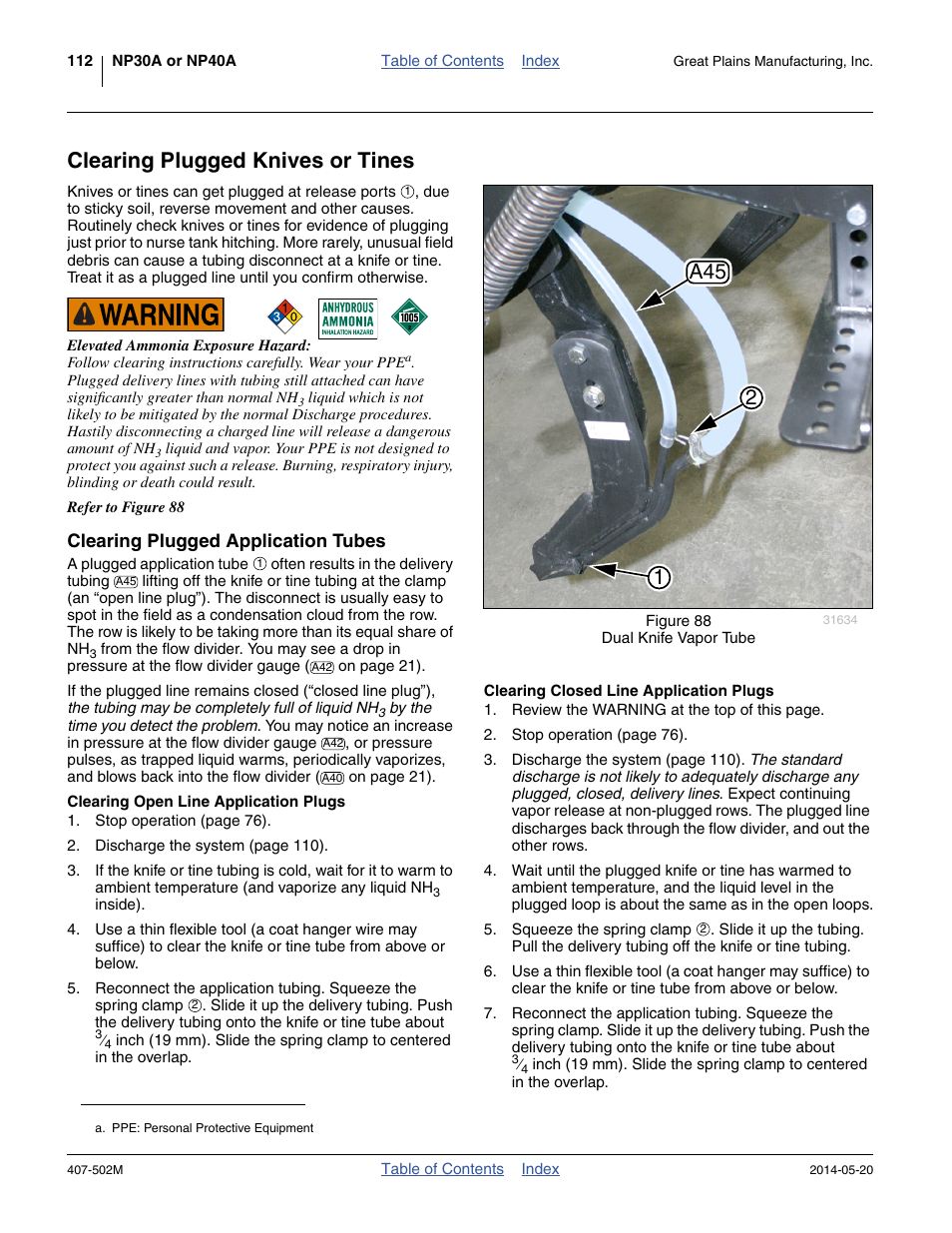 Clearing plugged knives or tines, Clearing plugged application tubes, Clearing open line application plugs | Clearing closed line application plugs | Great Plains NP30A 30-foot Operator Manual User Manual | Page 116 / 170