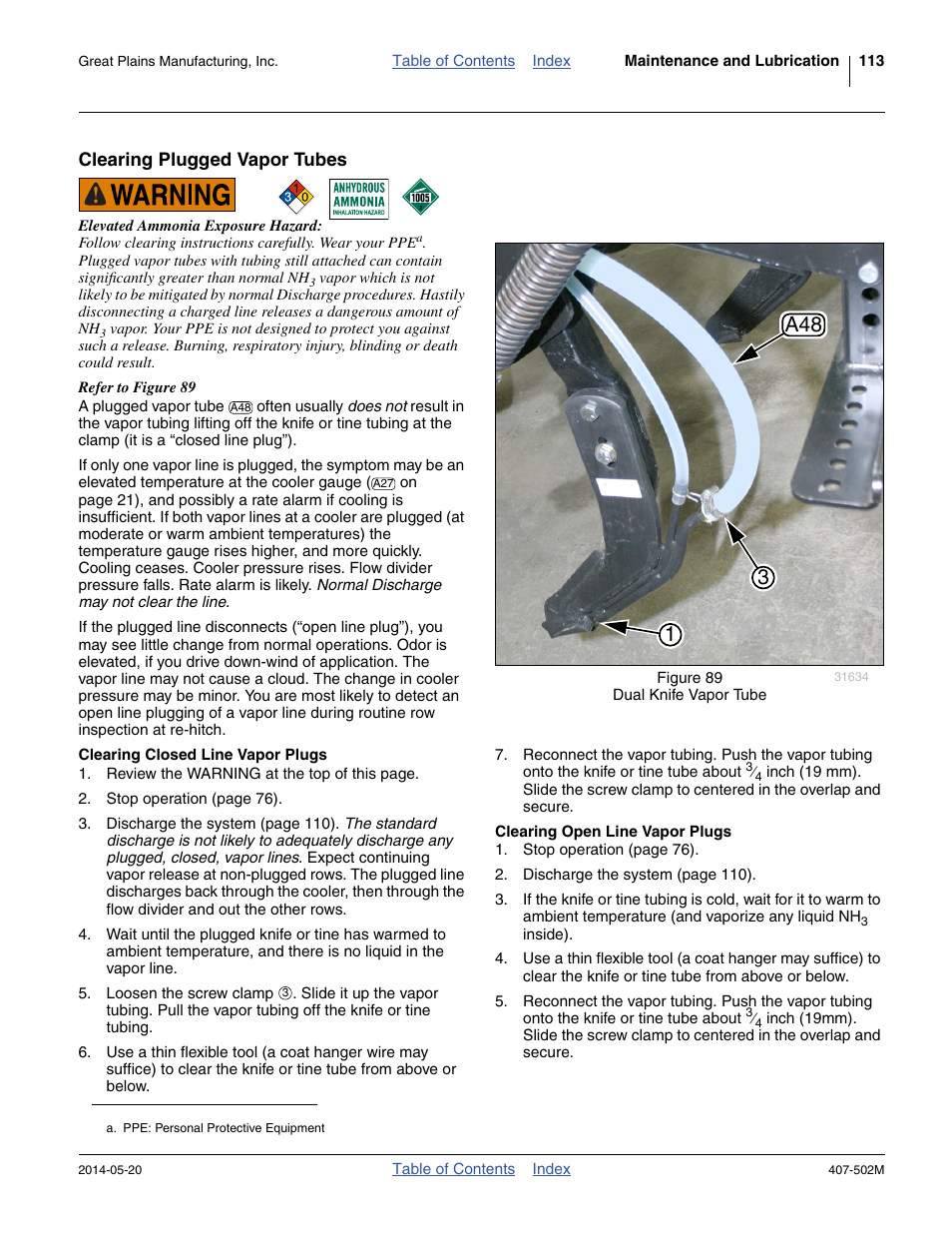 Clearing plugged vapor tubes, Clearing closed line vapor plugs, Clearing open line vapor plugs | 13 a48 | Great Plains NP30A 30-foot Operator Manual User Manual | Page 117 / 170