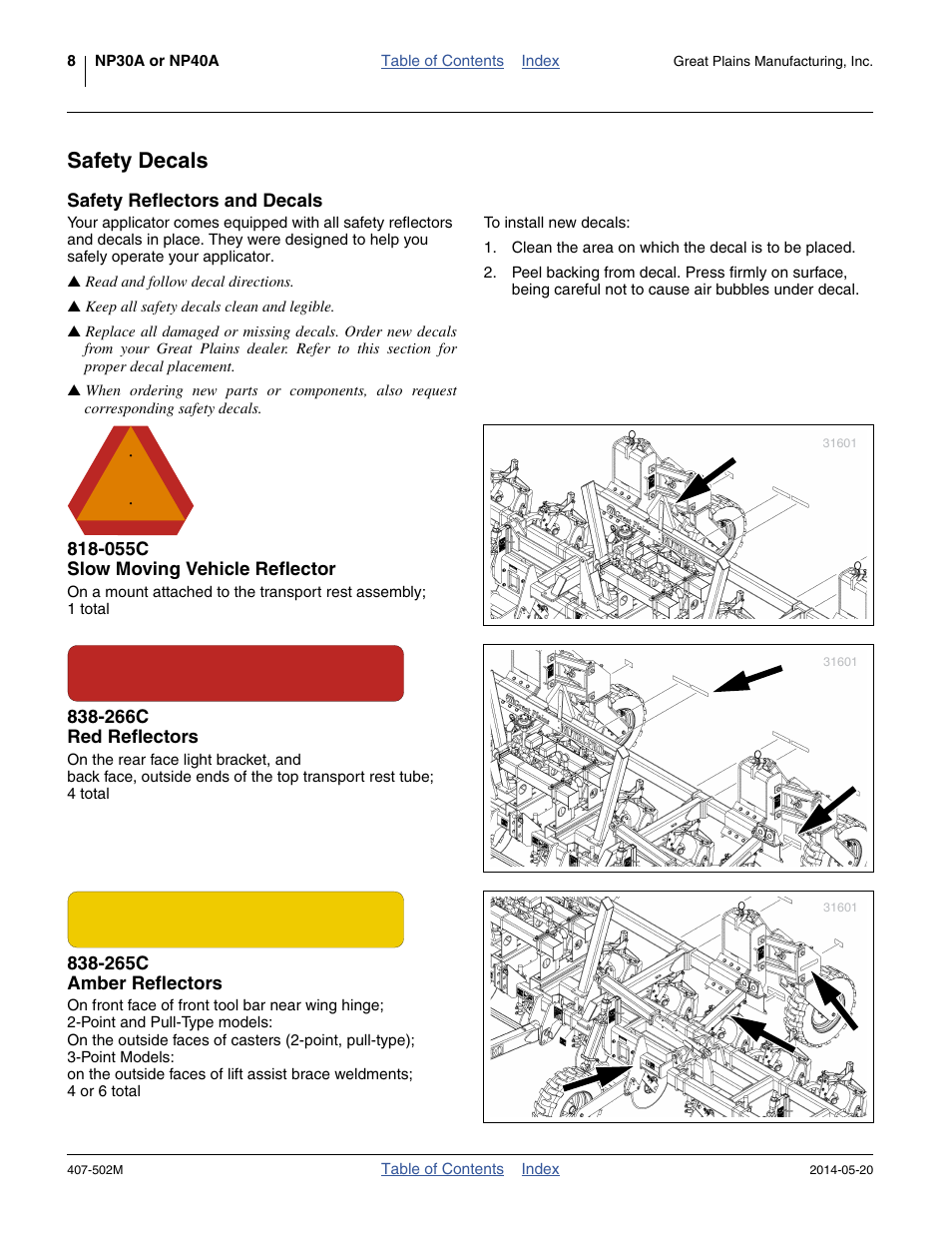 Safety decals, Safety reflectors and decals, 055c slow moving vehicle reflector | 266c red reflectors, 265c amber reflectors | Great Plains NP30A 30-foot Operator Manual User Manual | Page 12 / 170