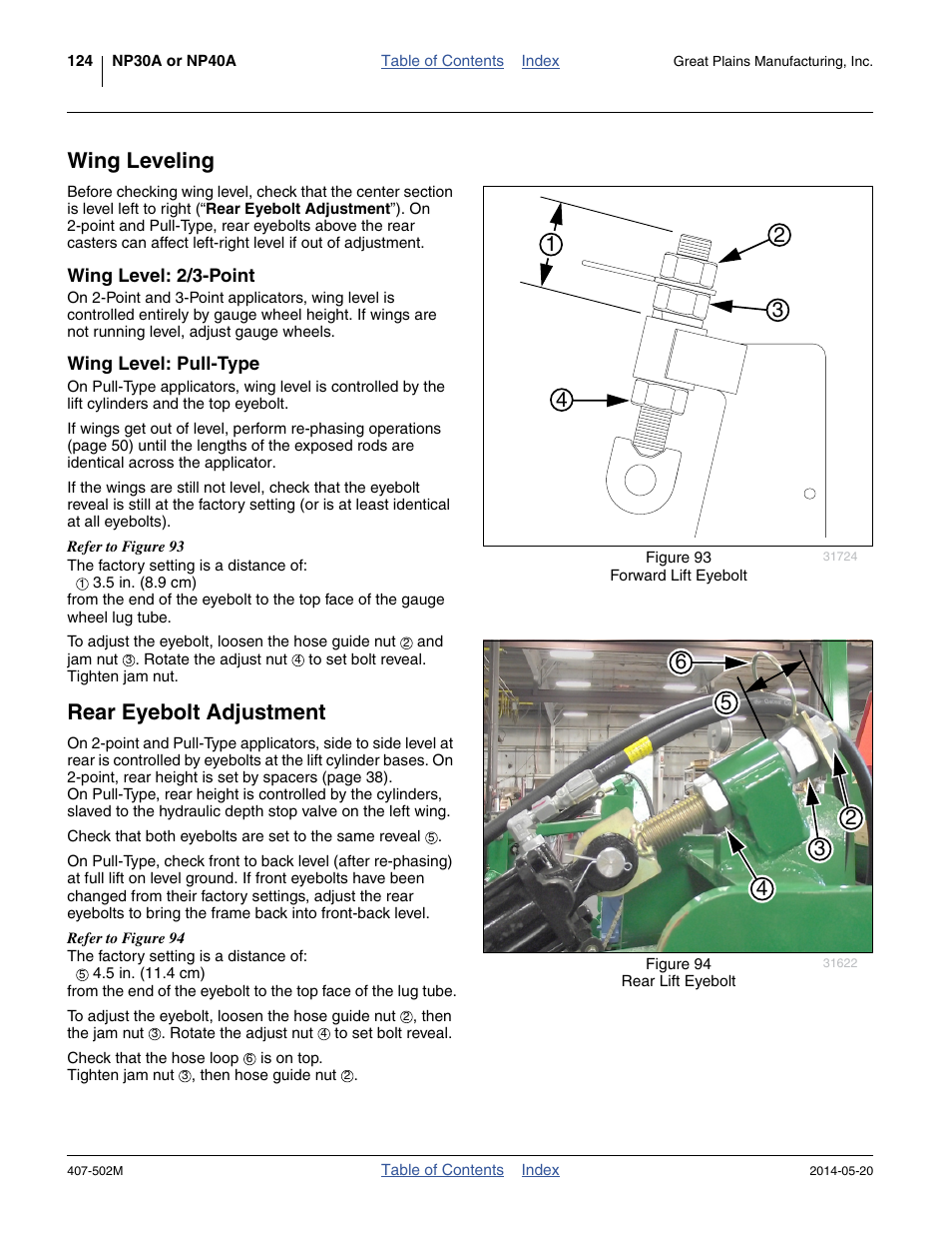 Wing leveling, Wing level: 2/3-point, Wing level: pull-type | Rear eyebolt adjustment, Wing level: 2/3-point wing level: pull-type | Great Plains NP30A 30-foot Operator Manual User Manual | Page 128 / 170