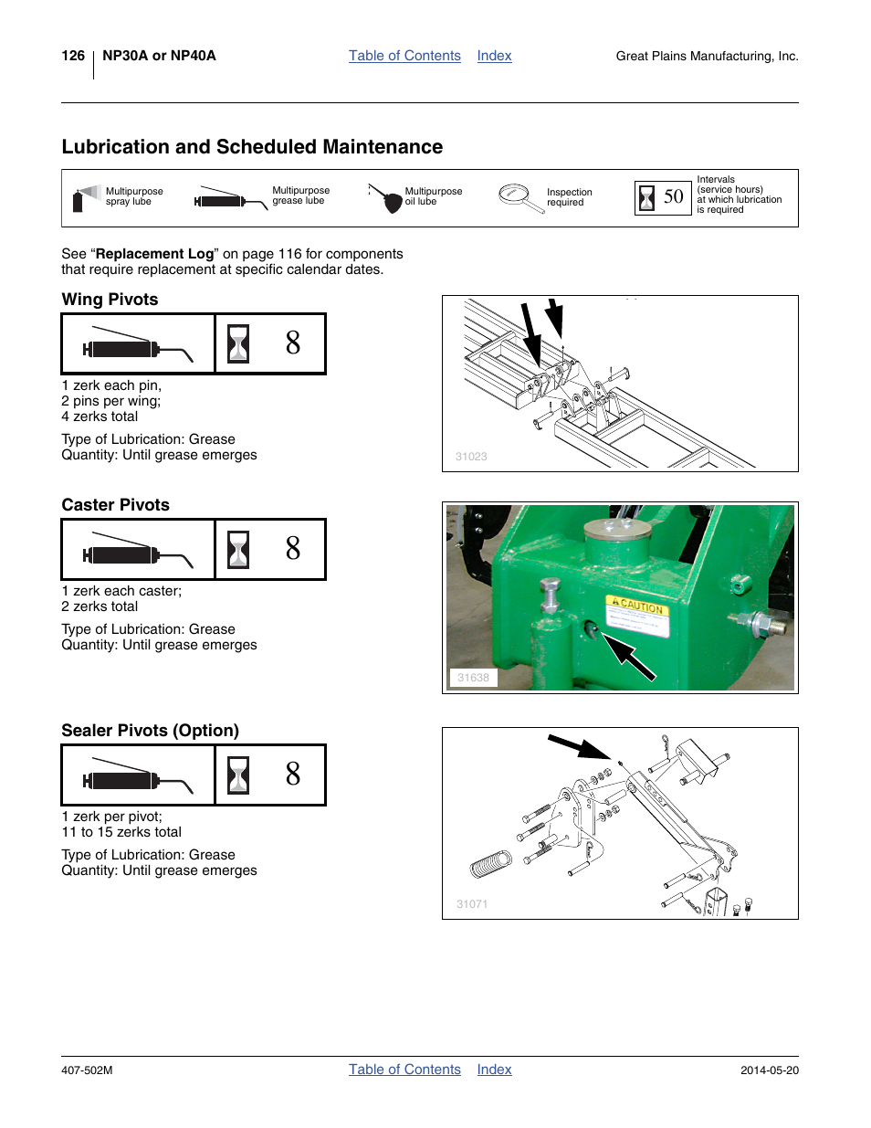 Lubrication and scheduled maintenance, Wing pivots, Caster pivots | Sealer pivots (option) | Great Plains NP30A 30-foot Operator Manual User Manual | Page 130 / 170