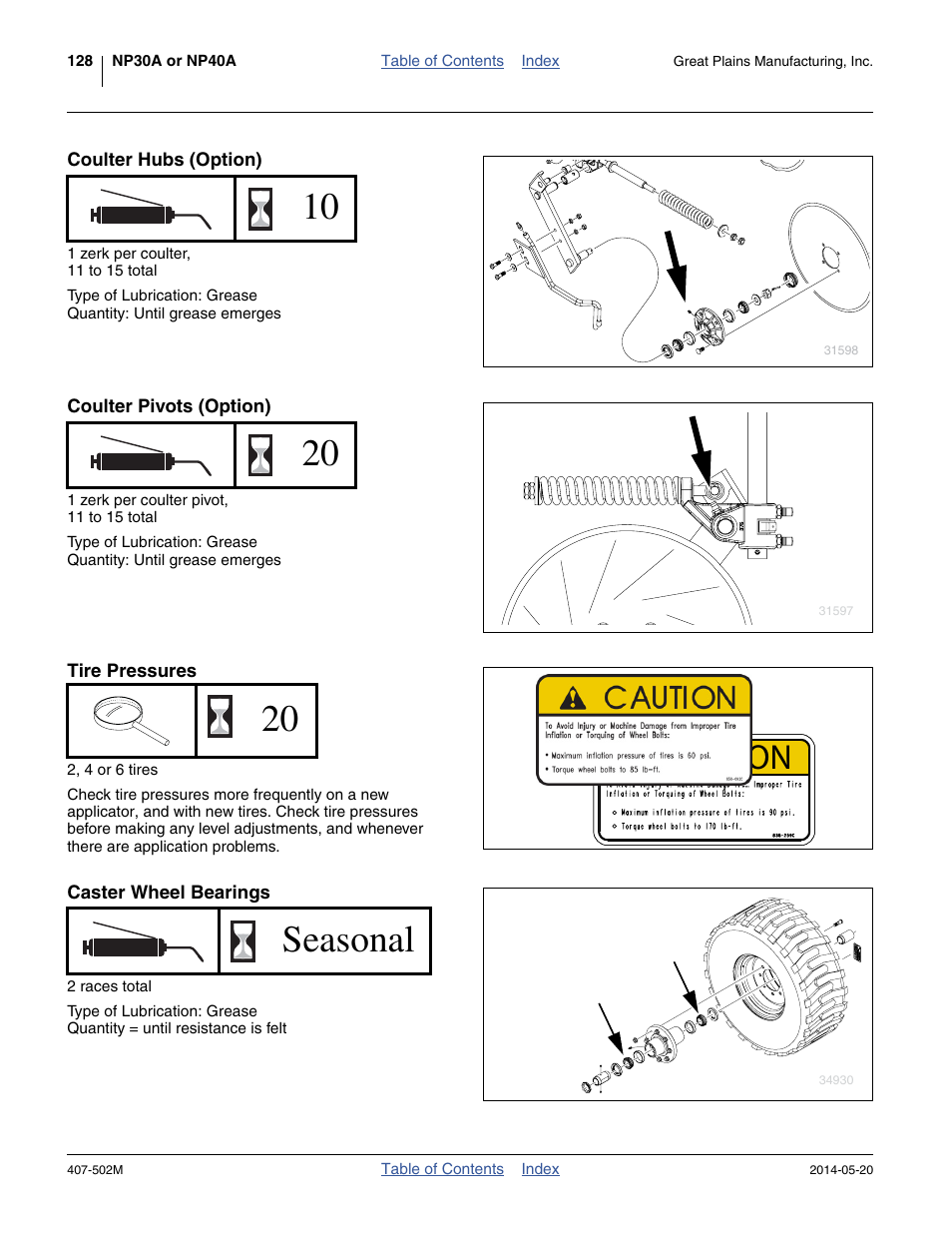 Coulter hubs (option), Coulter pivots (option), Tire pressures | Caster wheel bearings, Seasonal, Caution | Great Plains NP30A 30-foot Operator Manual User Manual | Page 132 / 170