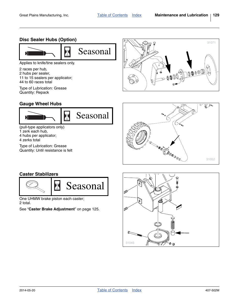 Disc sealer hubs (option), Gauge wheel hubs, Caster stabilizers | Seasonal | Great Plains NP30A 30-foot Operator Manual User Manual | Page 133 / 170