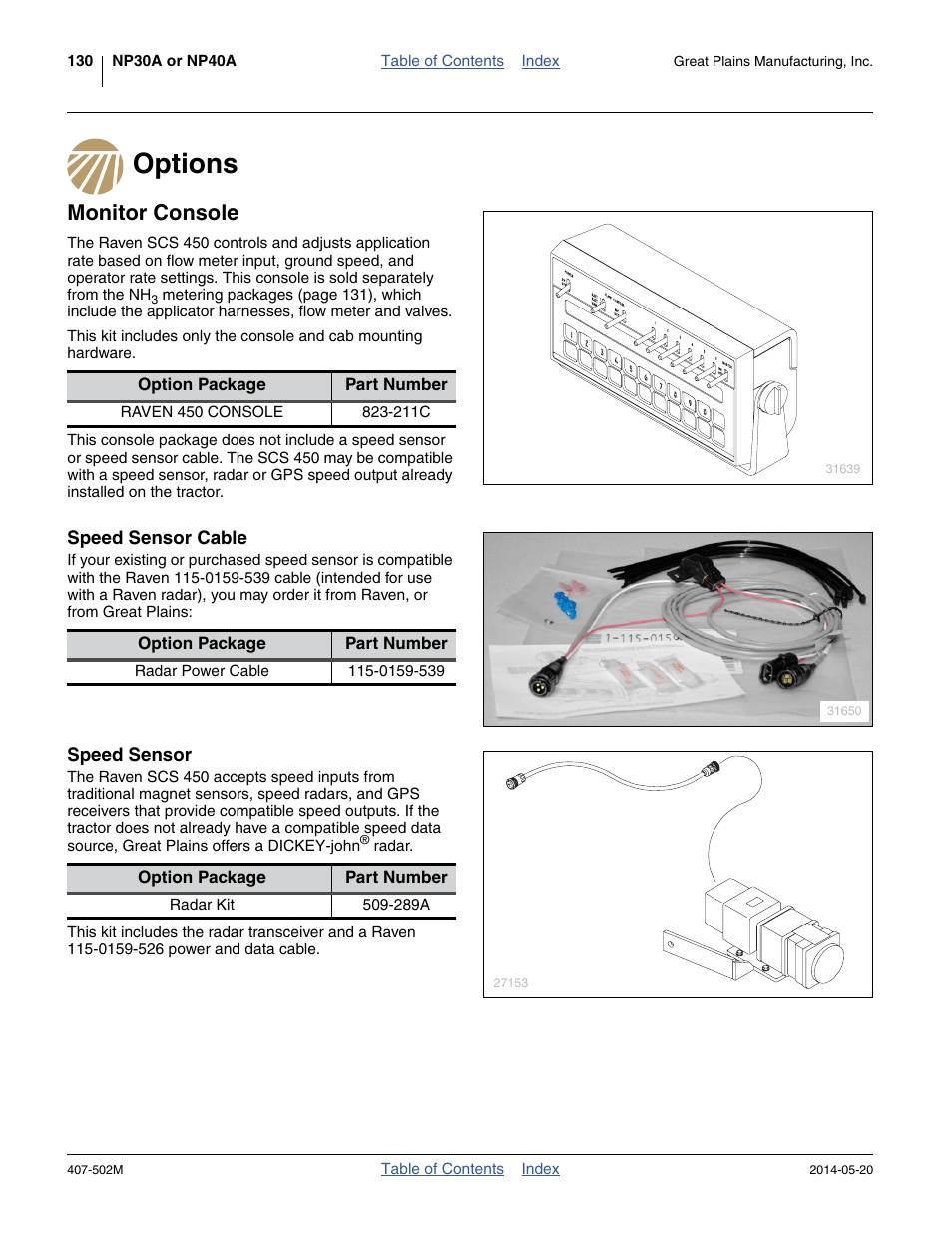 Options, Monitor console, Speed sensor cable | Speed sensor | Great Plains NP30A 30-foot Operator Manual User Manual | Page 134 / 170