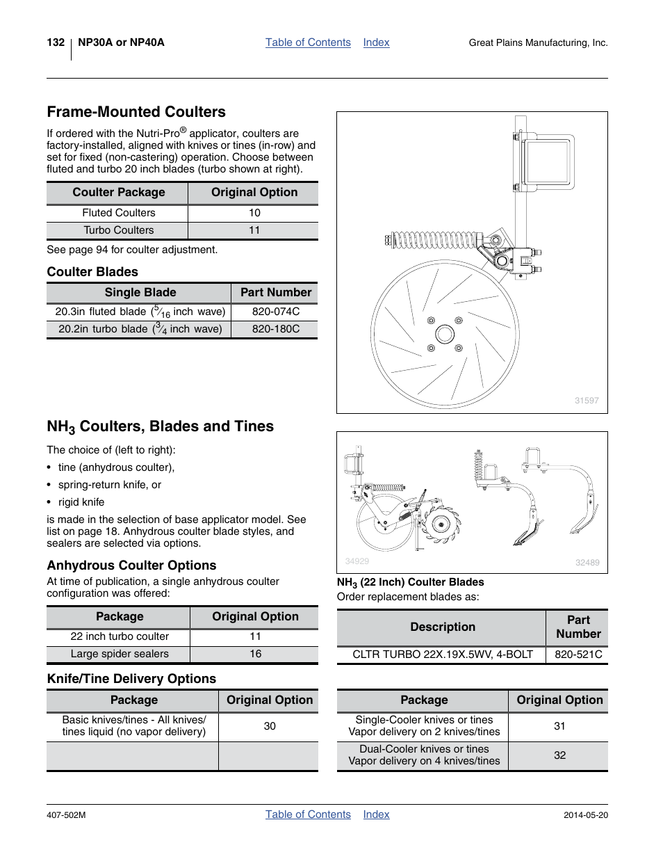 Frame-mounted coulters, Coulter blades, Nh3 coulters, blades and tines | Anhydrous coulter options, Knife/tine delivery options, Coulters, blades and tines | Great Plains NP30A 30-foot Operator Manual User Manual | Page 136 / 170