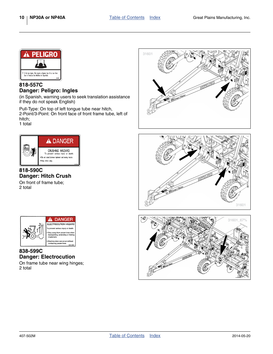 557c danger: peligro: ingles, 590c danger: hitch crush, 599c danger: electrocution | Great Plains NP30A 30-foot Operator Manual User Manual | Page 14 / 170