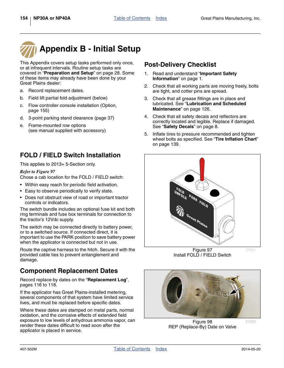 Appendix b - initial setup, Post-delivery checklist, Fold / field switch installation | Component replacement dates | Great Plains NP30A 30-foot Operator Manual User Manual | Page 158 / 170