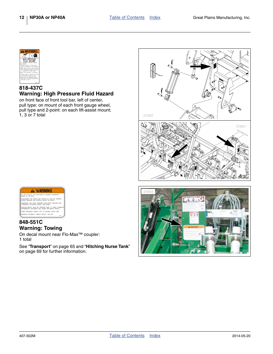 437c warning: high pressure fluid hazard, 551c warning: towing | Great Plains NP30A 30-foot Operator Manual User Manual | Page 16 / 170