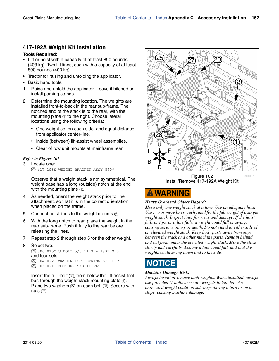 192a weight kit installation, Tools required | Great Plains NP30A 30-foot Operator Manual User Manual | Page 161 / 170