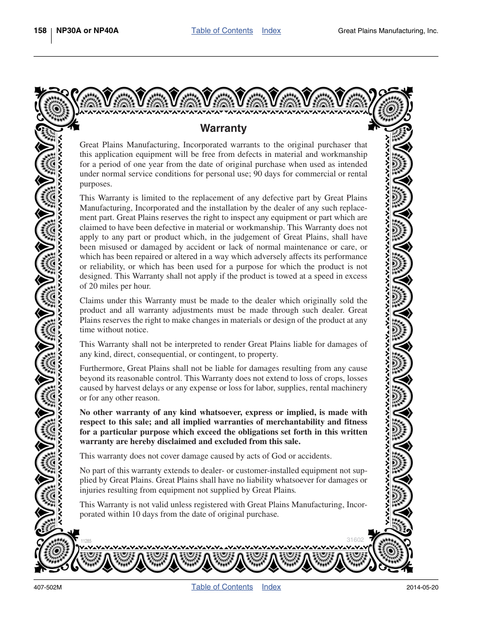 Warranty | Great Plains NP30A 30-foot Operator Manual User Manual | Page 162 / 170