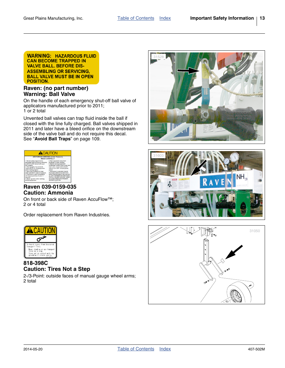 Raven: (no part number) warning: ball valve, Raven 039-0159-035 caution: ammonia, 398c caution: tires not a step | Great Plains NP30A 30-foot Operator Manual User Manual | Page 17 / 170