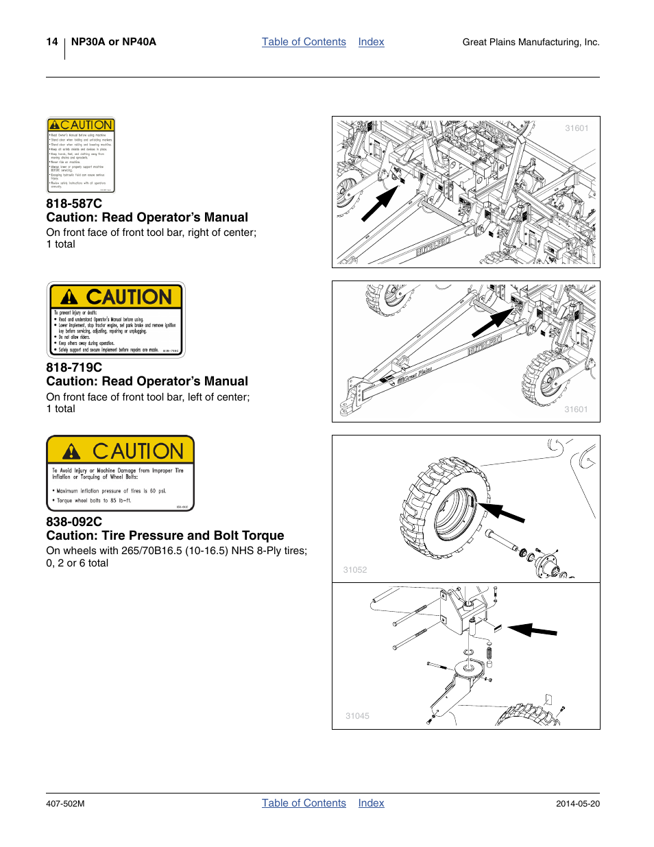 587c caution: read operator’s manual, 719c caution: read operator’s manual, 092c caution: tire pressure and bolt torque | Great Plains NP30A 30-foot Operator Manual User Manual | Page 18 / 170