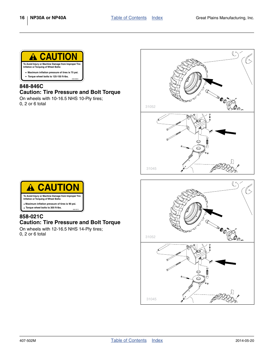 846c caution: tire pressure and bolt torque, 021c caution: tire pressure and bolt torque, Caution | Great Plains NP30A 30-foot Operator Manual User Manual | Page 20 / 170