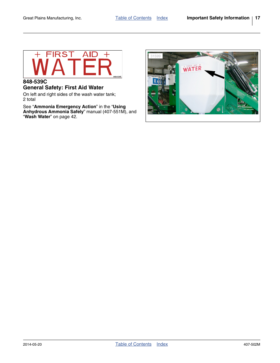 539c general safety: first aid water | Great Plains NP30A 30-foot Operator Manual User Manual | Page 21 / 170