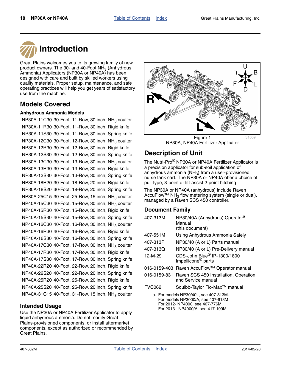Introduction, Description of unit, Document family | Models covered, Anhydrous ammonia models, Intended usage, Introduction description of unit | Great Plains NP30A 30-foot Operator Manual User Manual | Page 22 / 170