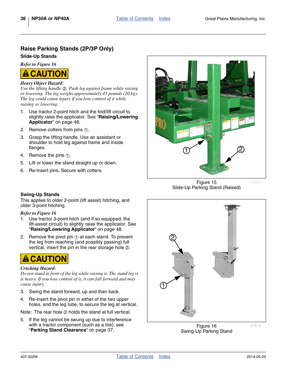 Raise parking stands (2p/3p only), Slide-up stands, Swing-up stands | Great Plains NP30A 30-foot Operator Manual User Manual | Page 40 / 170