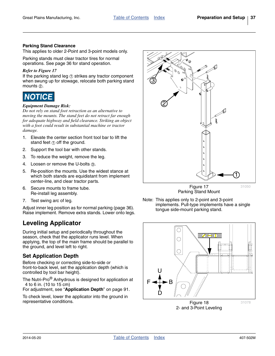 Parking stand clearance, Leveling applicator, Set application depth | Ud b f | Great Plains NP30A 30-foot Operator Manual User Manual | Page 41 / 170