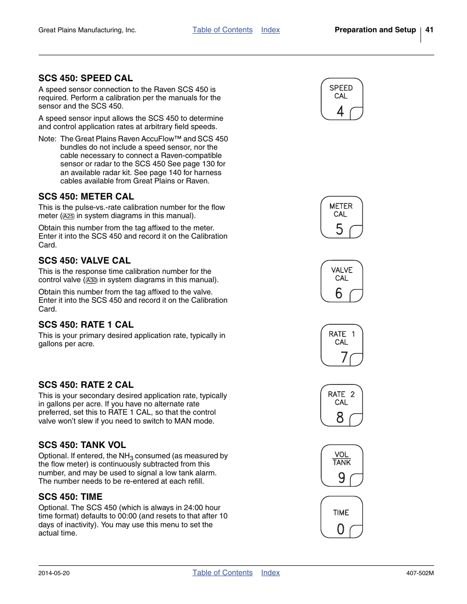 Scs 450: speed cal, Scs 450: meter cal, Scs 450: valve cal | Scs 450: rate 1 cal, Scs 450: rate 2 cal, Scs 450: tank vol, Scs 450: time | Great Plains NP30A 30-foot Operator Manual User Manual | Page 45 / 170