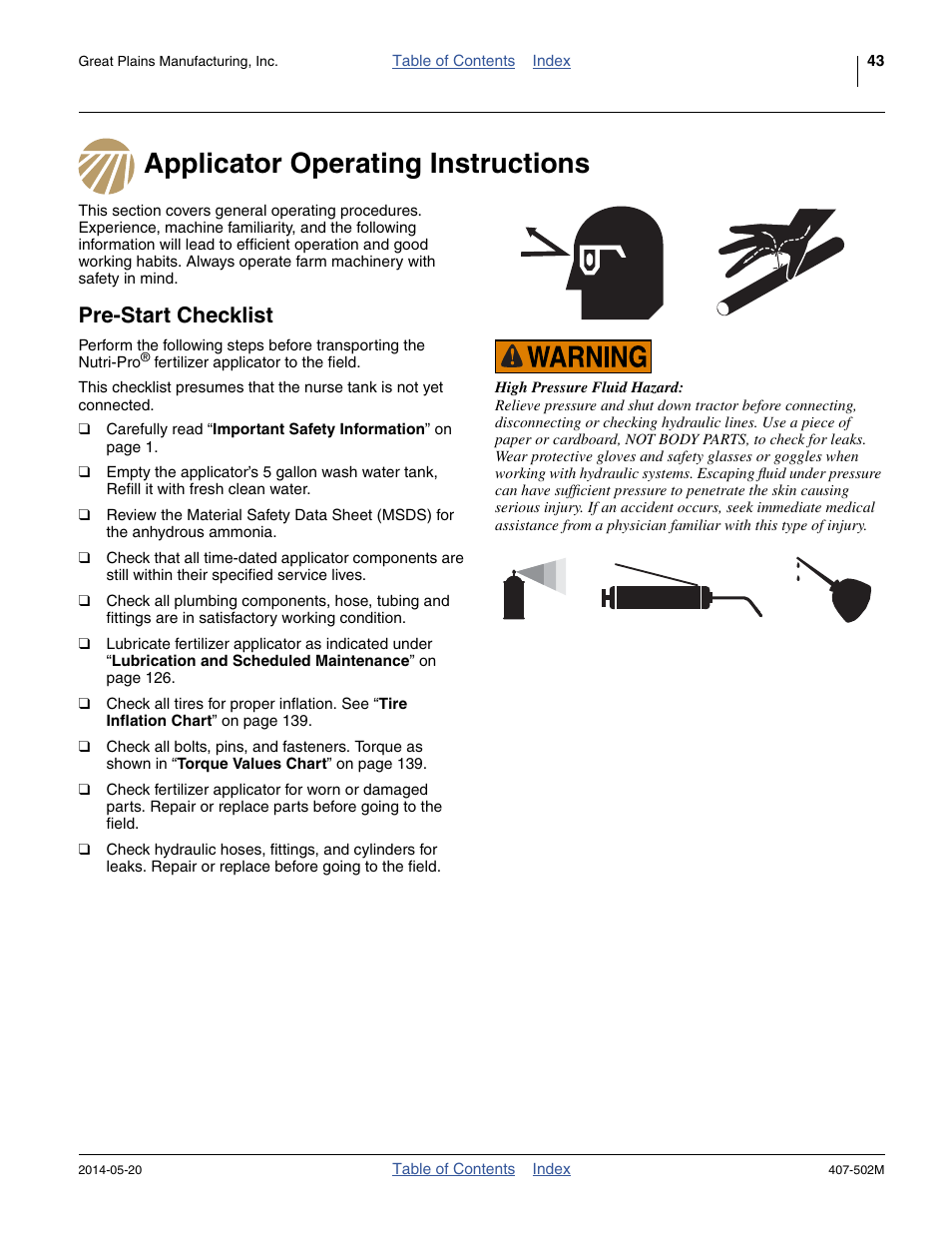 Applicator operating instructions, Pre-start checklist | Great Plains NP30A 30-foot Operator Manual User Manual | Page 47 / 170