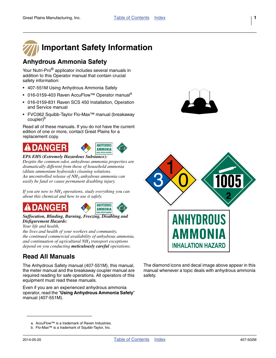 Important safety information, Anhydrous ammonia safety, Read all manuals | Great Plains NP30A 30-foot Operator Manual User Manual | Page 5 / 170