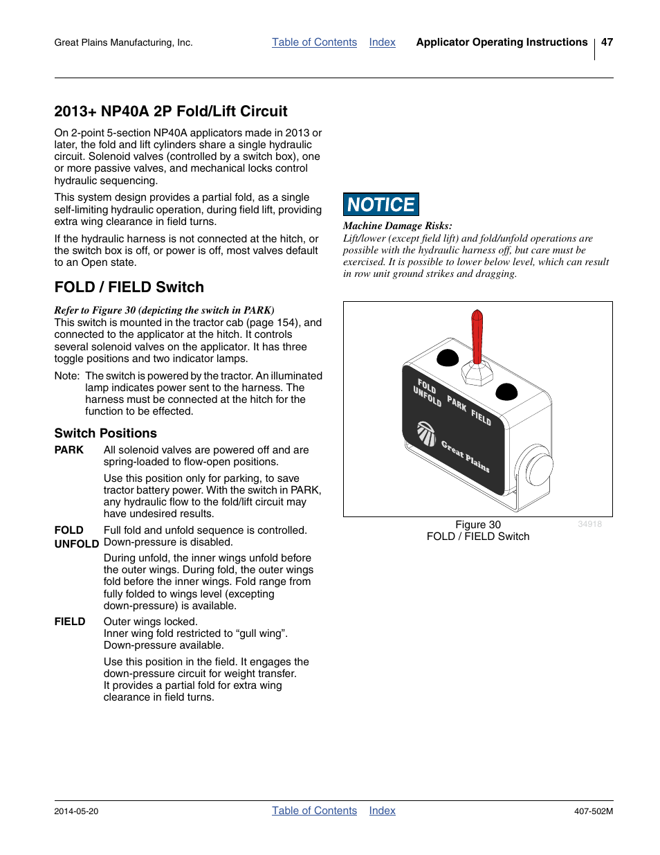 2013+ np40a 2p fold/lift circuit, Fold / field switch, Switch positions | Great Plains NP30A 30-foot Operator Manual User Manual | Page 51 / 170