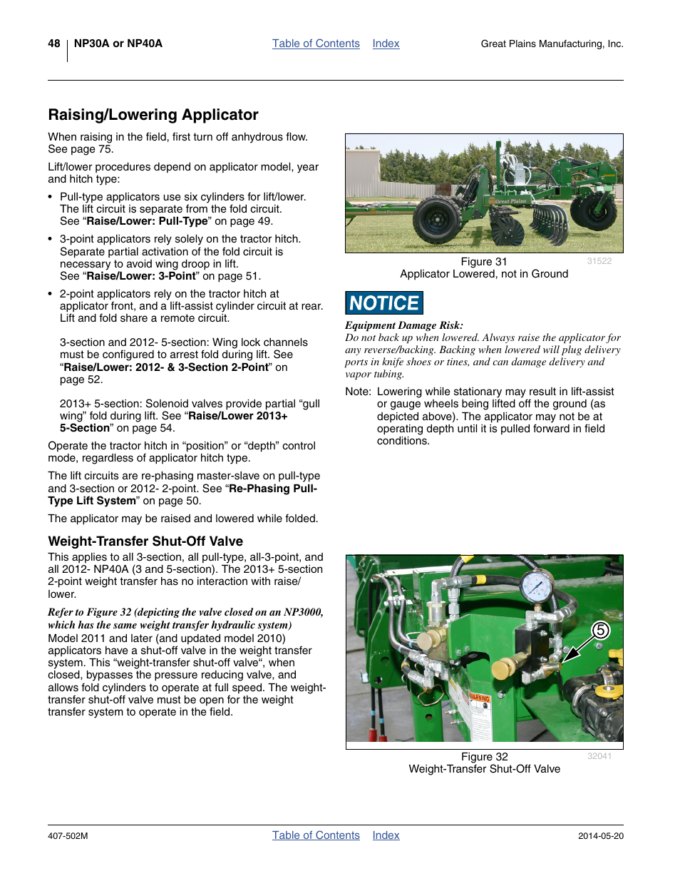 Raising/lowering applicator, Weight-transfer shut-off valve | Great Plains NP30A 30-foot Operator Manual User Manual | Page 52 / 170