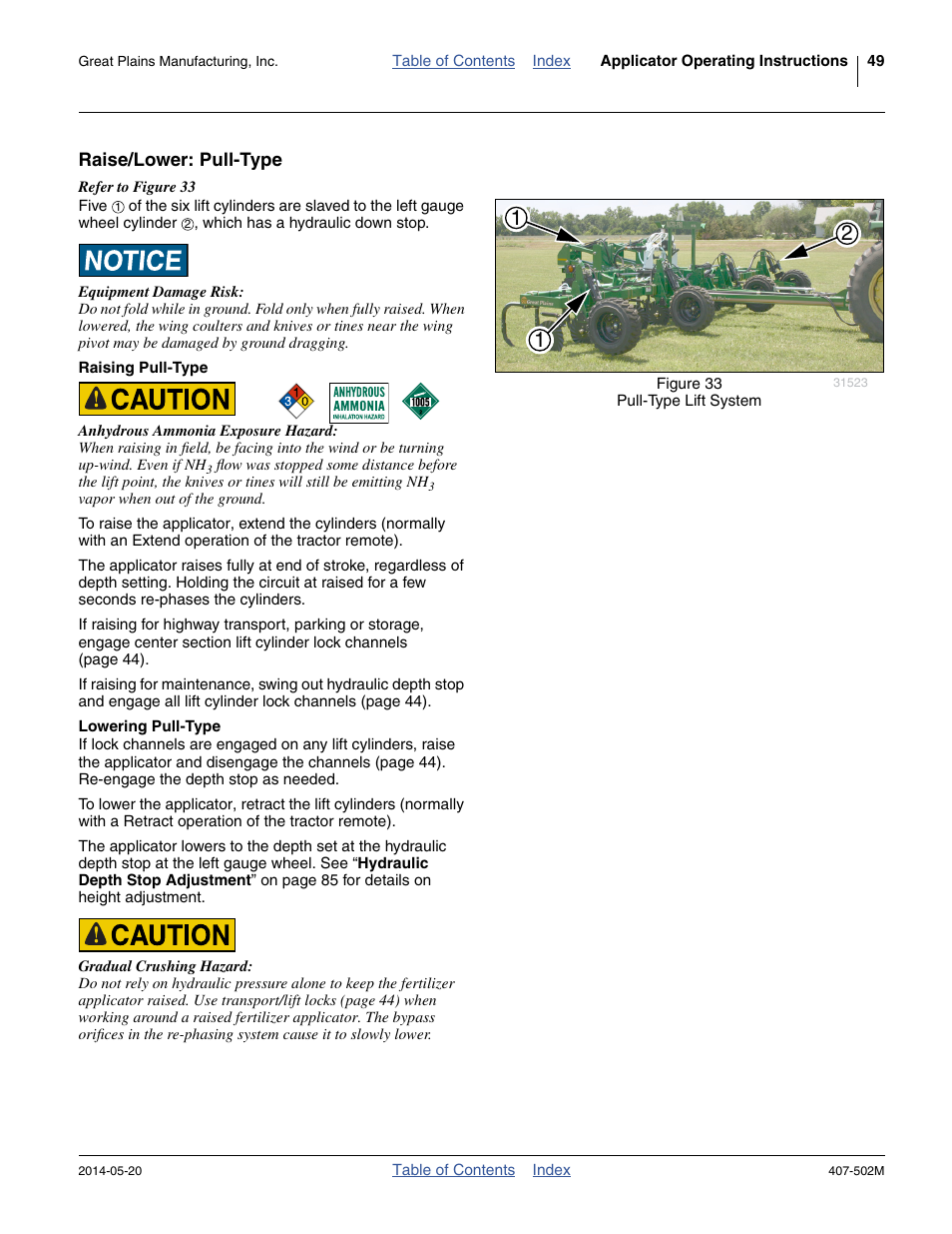 Raise/lower: pull-type, Raising pull-type, Lowering pull-type | Raising pull-type lowering pull-type | Great Plains NP30A 30-foot Operator Manual User Manual | Page 53 / 170