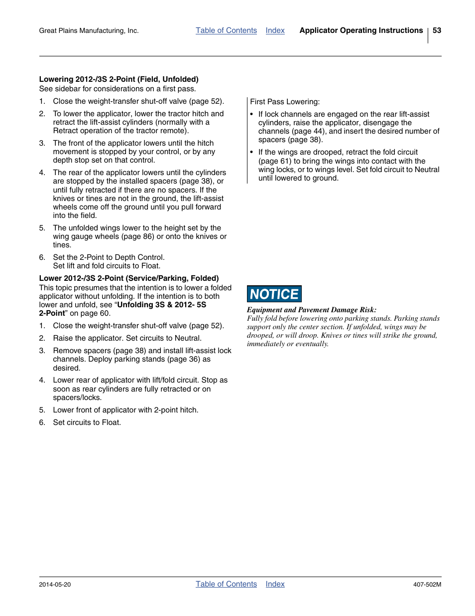 Lowering 2012-/3s 2-point (field, unfolded), Lower 2012-/3s 2-point (service/parking, folded) | Great Plains NP30A 30-foot Operator Manual User Manual | Page 57 / 170