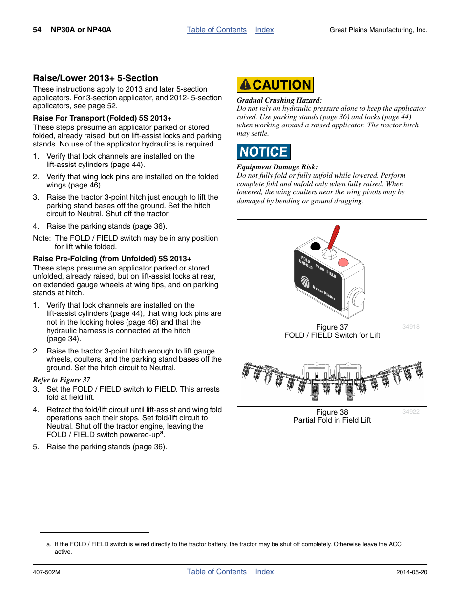 Raise/lower 2013+ 5-section, Raise for transport (folded) 5s 2013, Raise pre-folding (from unfolded) 5s 2013 | Great Plains NP30A 30-foot Operator Manual User Manual | Page 58 / 170