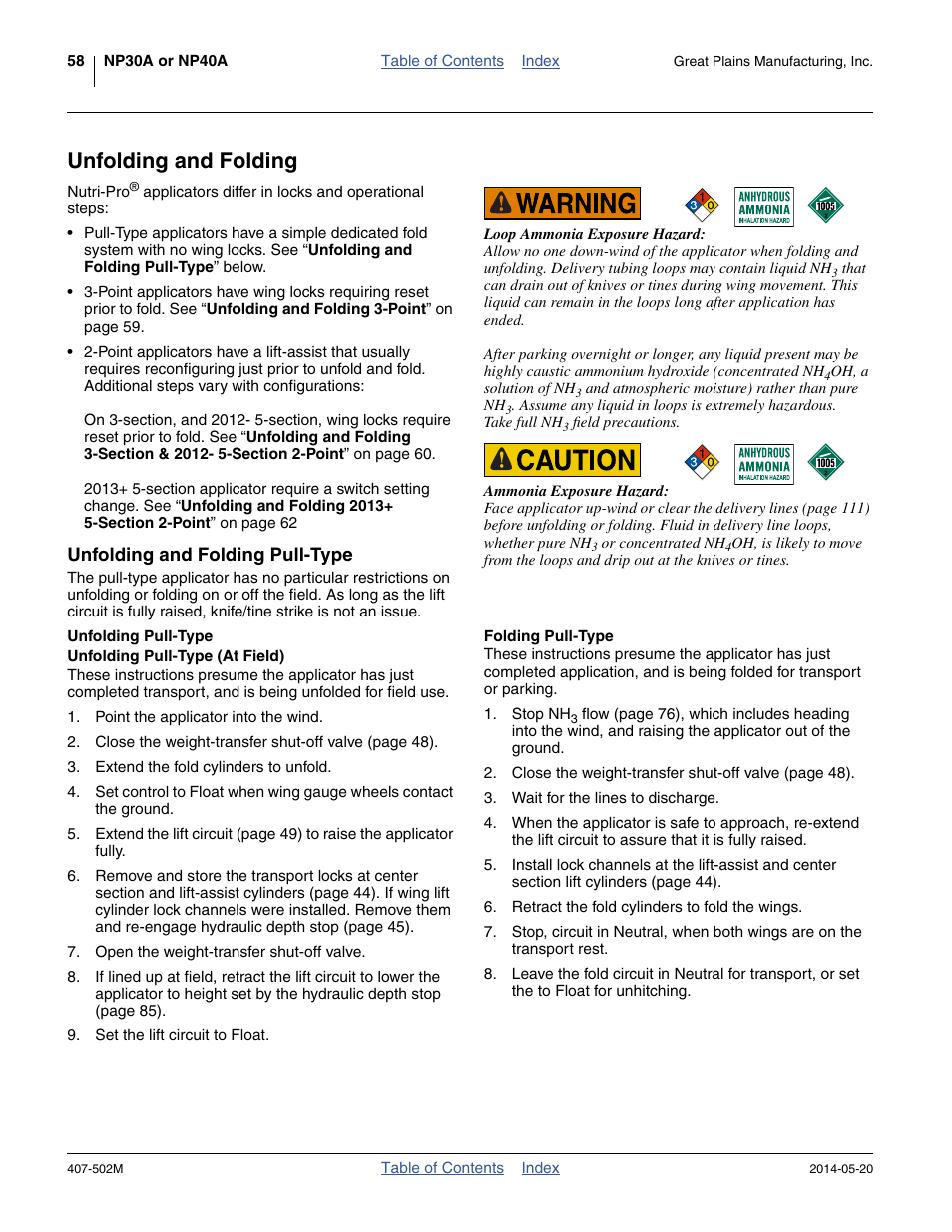 Unfolding and folding, Unfolding and folding pull-type, Unfolding pull-type | Unfolding pull-type (at field), Folding pull-type | Great Plains NP30A 30-foot Operator Manual User Manual | Page 62 / 170