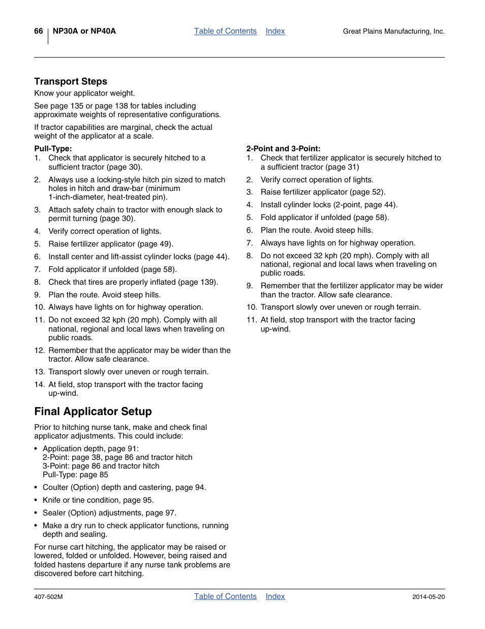 Transport steps, Pull-type, Point and 3-point | Final applicator setup | Great Plains NP30A 30-foot Operator Manual User Manual | Page 70 / 170