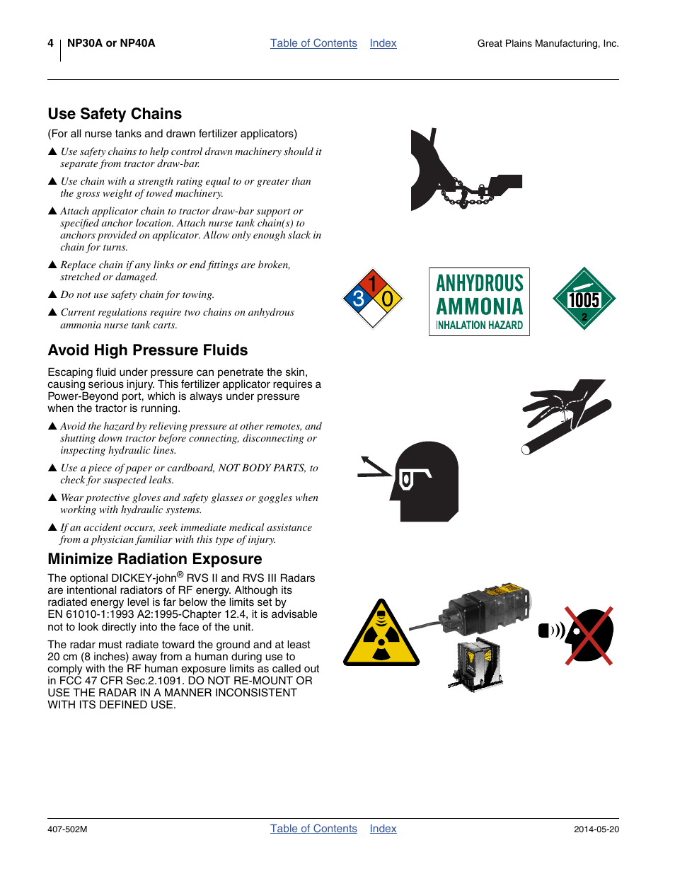 Avoid high pressure fluids, Minimize radiation exposure, Use safety chains | Great Plains NP30A 30-foot Operator Manual User Manual | Page 8 / 170