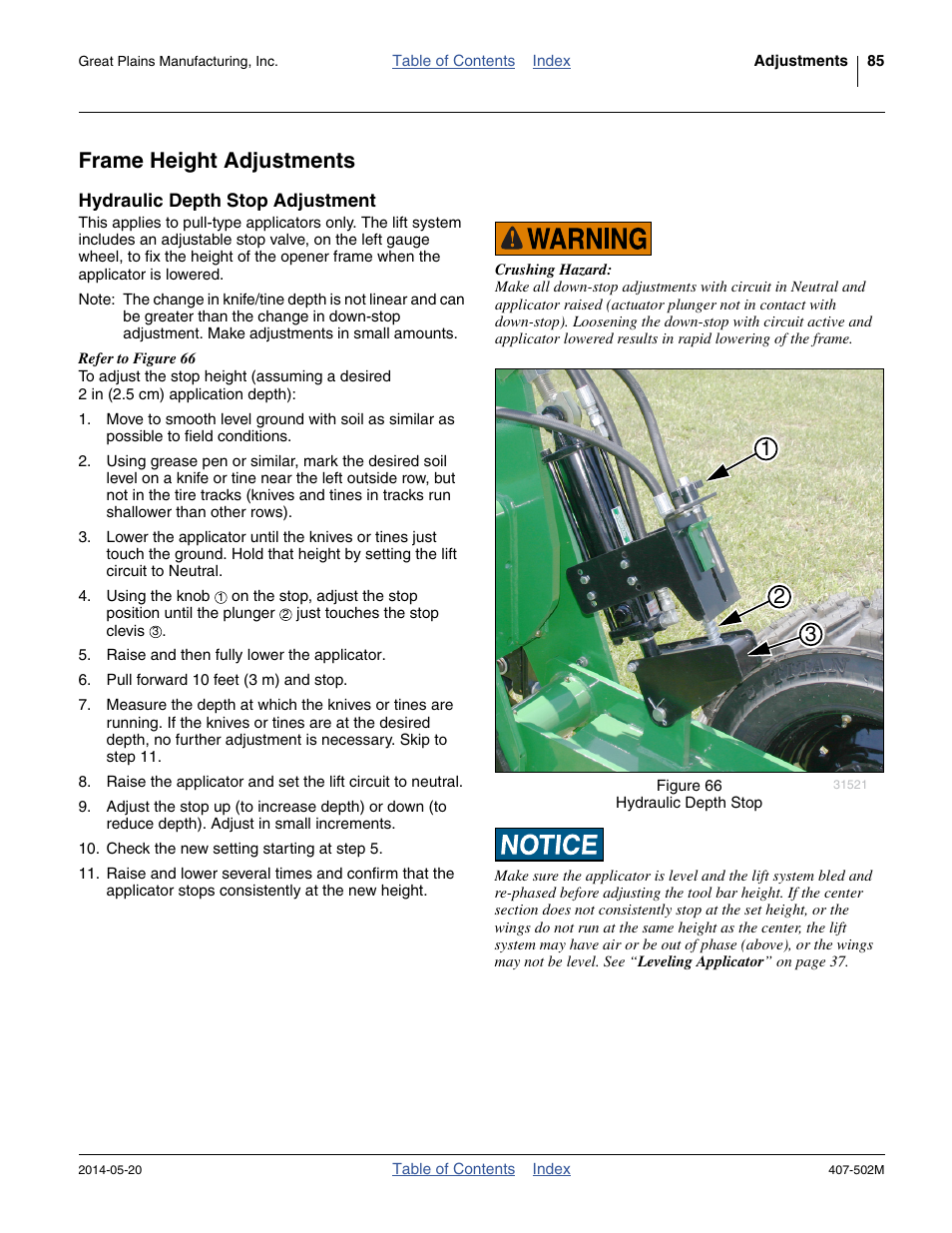 Frame height adjustments, Hydraulic depth stop adjustment | Great Plains NP30A 30-foot Operator Manual User Manual | Page 89 / 170