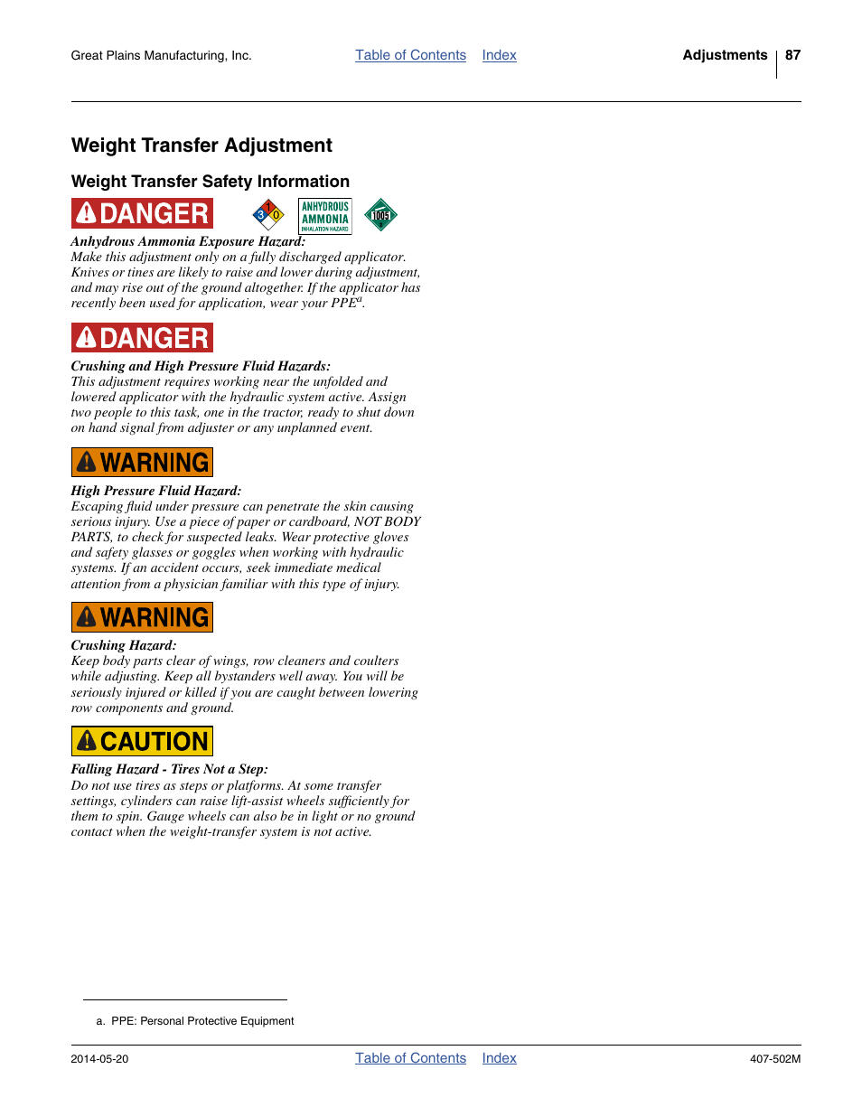 Weight transfer adjustment, Weight transfer safety information | Great Plains NP30A 30-foot Operator Manual User Manual | Page 91 / 170