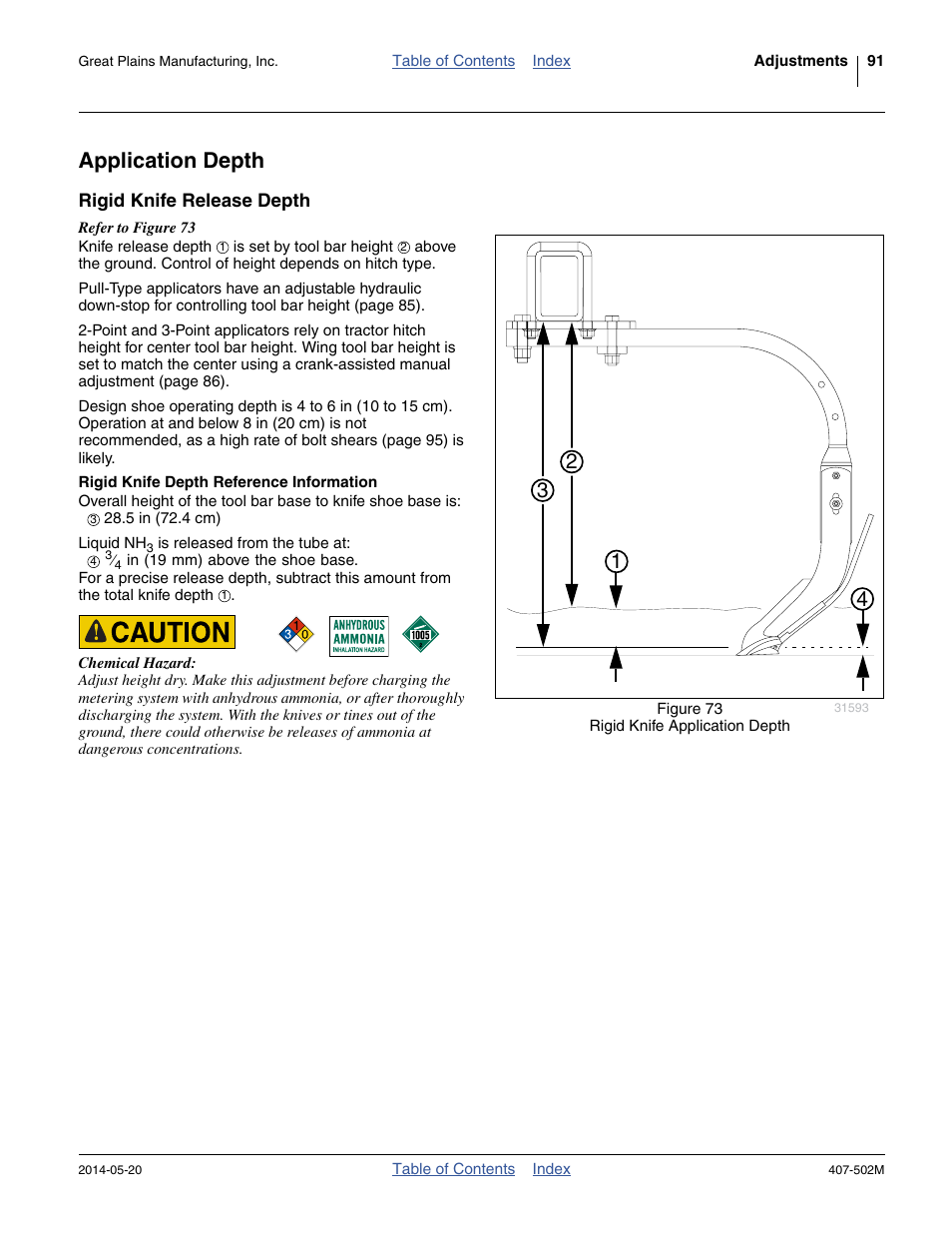 Application depth, Rigid knife release depth, Rigid knife depth reference information | Great Plains NP30A 30-foot Operator Manual User Manual | Page 95 / 170