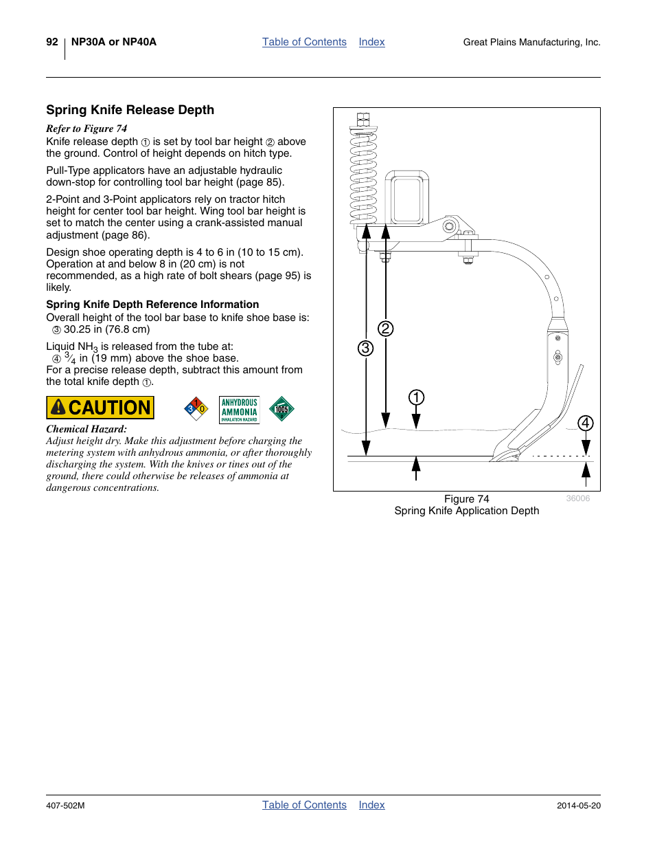 Spring knife release depth, Spring knife depth reference information | Great Plains NP30A 30-foot Operator Manual User Manual | Page 96 / 170