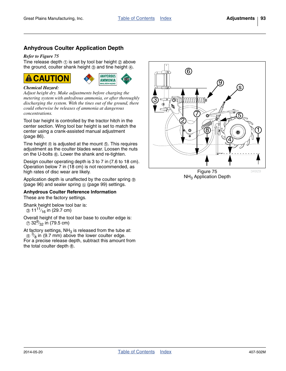 Anhydrous coulter application depth, Anhydrous coulter reference information | Great Plains NP30A 30-foot Operator Manual User Manual | Page 97 / 170